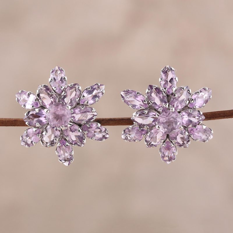 13.5-Carat Rhodium Plated Amethyst Button Earrings, "Purple Burst"