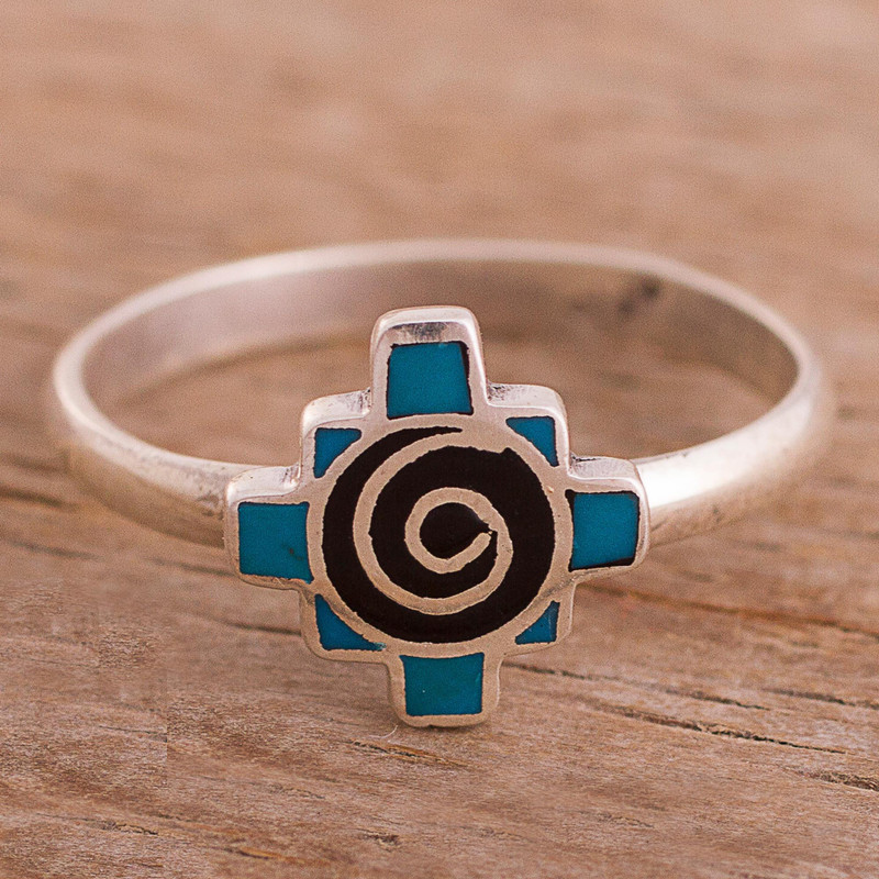 Onyx and Chrysocolla Chakana Cocktail Ring from Peru, "Chakana Swirl"