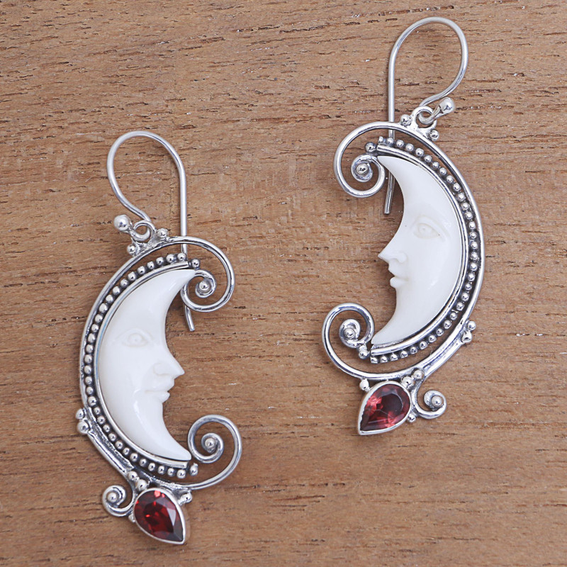 Garnet Moon Dangle Earrings Crafted in Bali, "Bun Crescents"