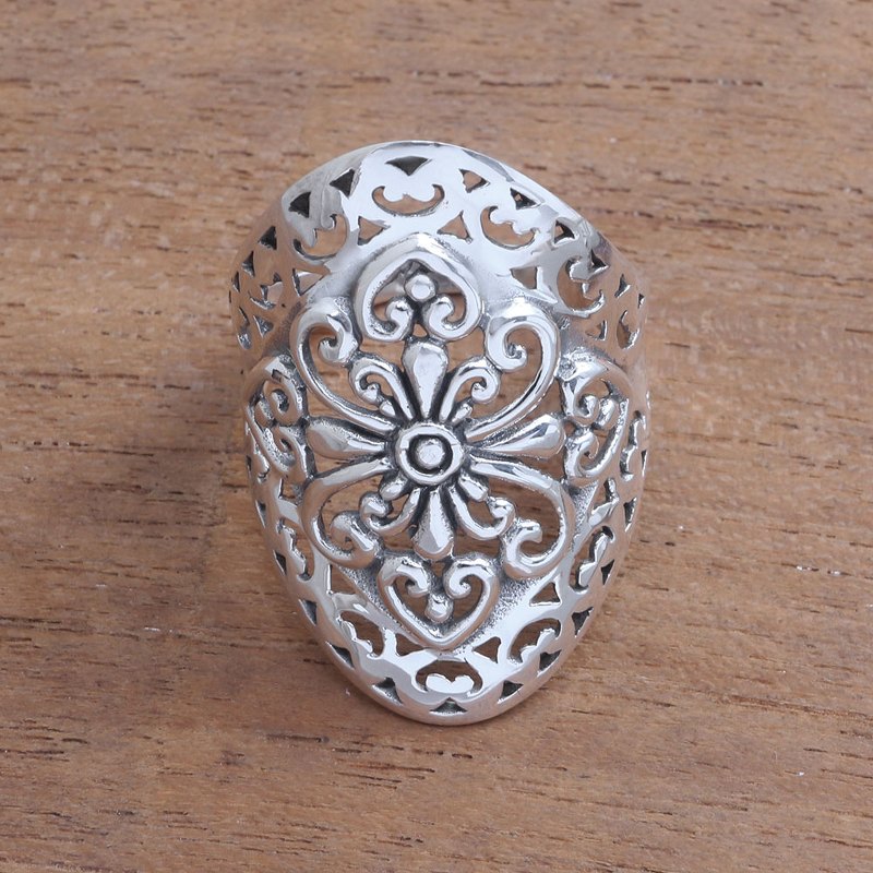 Openwork Pattern Sterling Silver Cocktail Ring from Bali, "Openwork Flower"