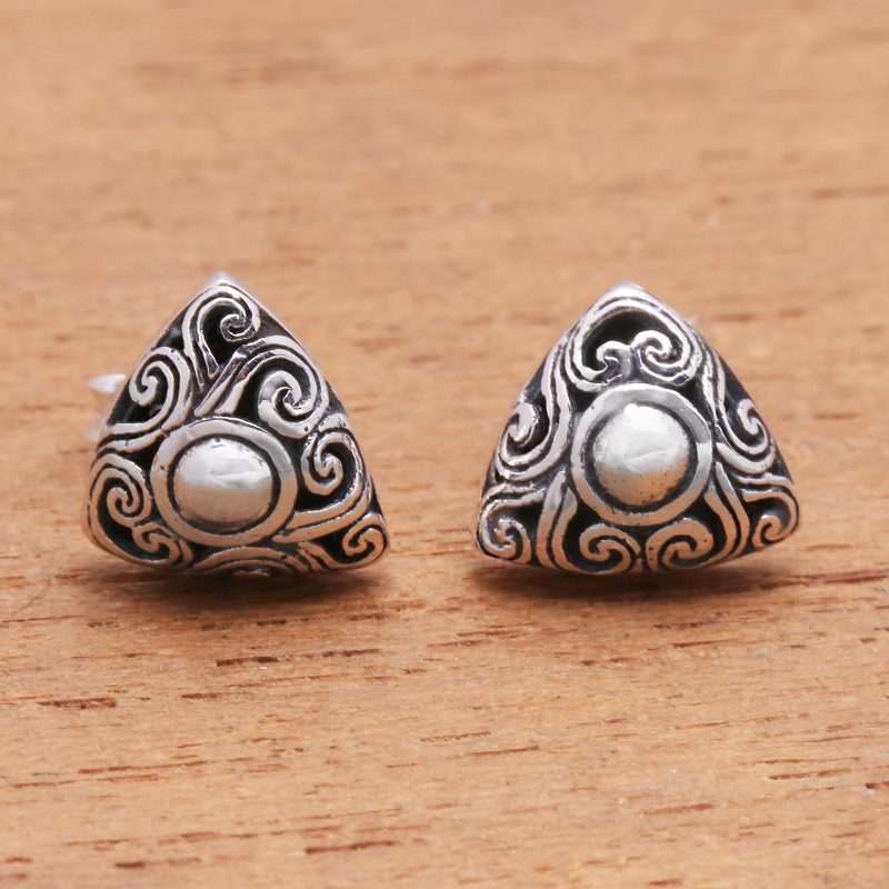 Spiral Pattern Triangular Sterling Silver Stud Earrings, "Tegallalang Triangles"