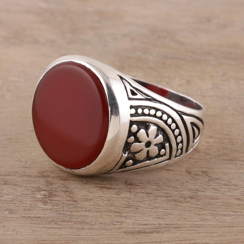 925 Sterling Silver and Carnelian Men's Ring from India, "Native Flower"