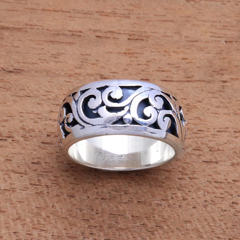 Vine Pattern Sterling Silver Band Ring from Bali, "Ancient Vine"