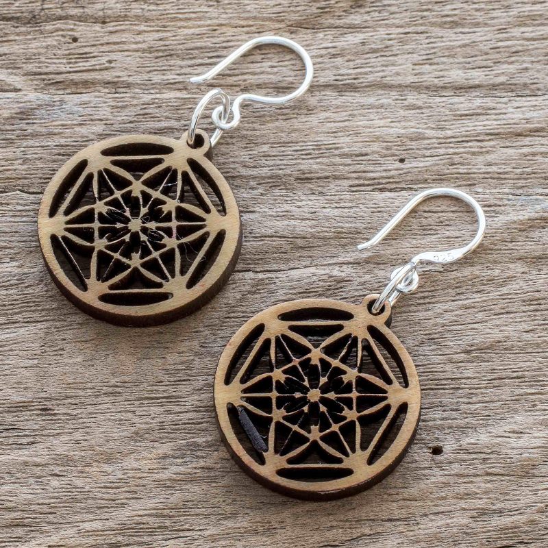 Star Pattern Recycled Wood Dangle Earrings in Light Brown, "Stellar Magic in Light Brown"