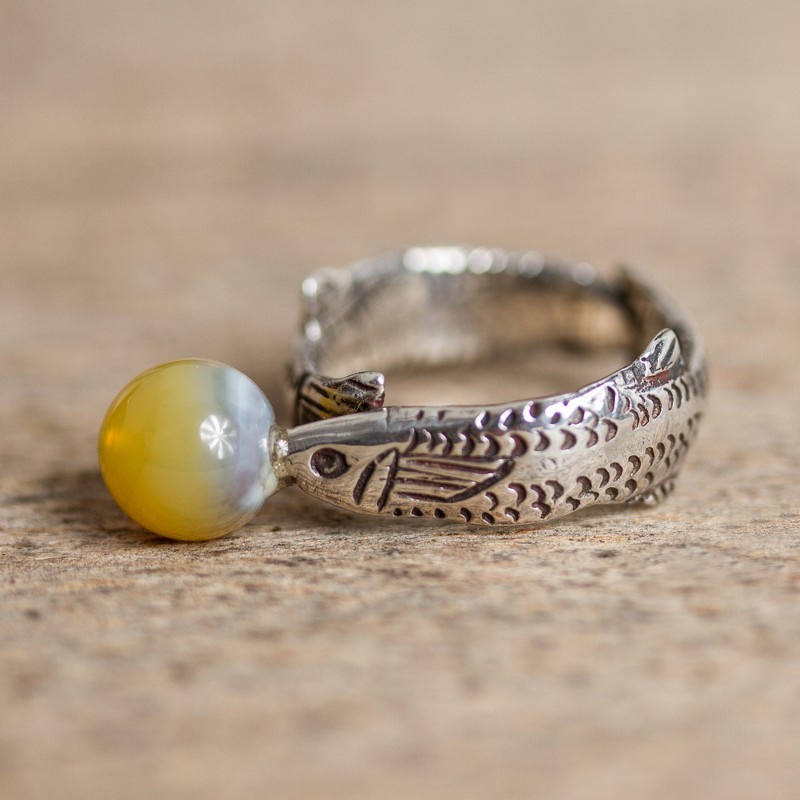 Natural Agate Fish Band Ring Crafted in Peru, "Bubble Fish"