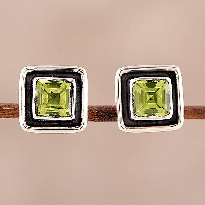 Square Peridot Stud Earrings from India, "Verdant Frame"