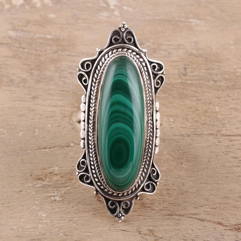 Oval Green Malachite Cocktail Ring Crafted in India, "Forest Majesty"