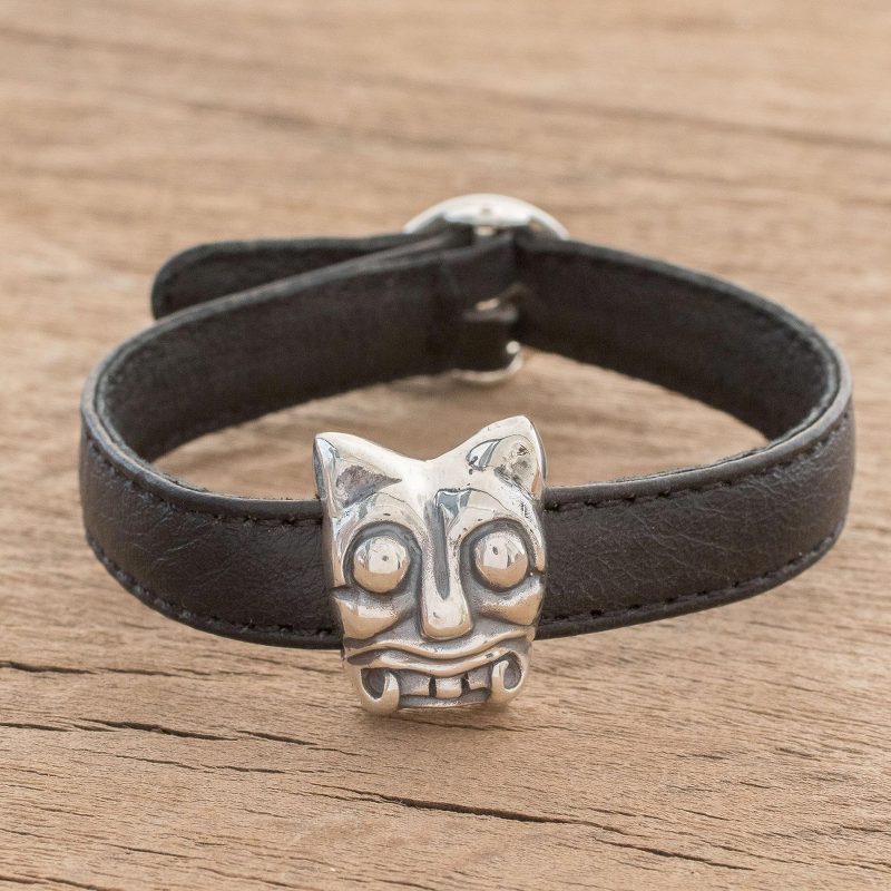 Archaeological Sterling Silver and Leather Jaguar bracelet, "Iximche Jaguar"