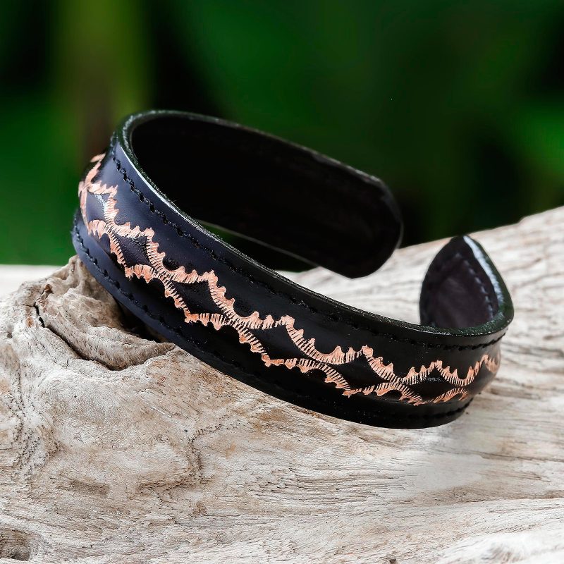 Diamond Pattern Leather Cuff Bracelet in Black from Thailand, "Thai Pattern in Black"