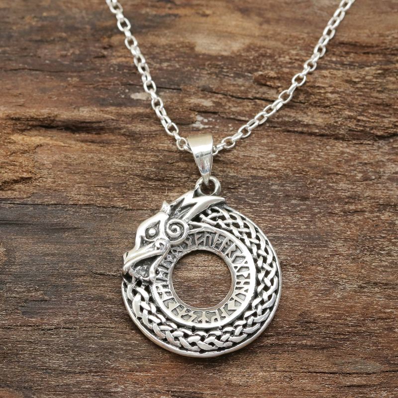 Circular Sterling Silver Dragon Necklace from India, "Dragon Ouroboros"