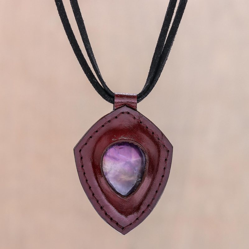 Amethyst and Leather Pendant Necklace from Thailand, "Bold Shield"