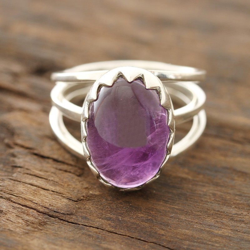 Oval Amethyst Cocktail Ring Crafted in India, "Royal Luster"