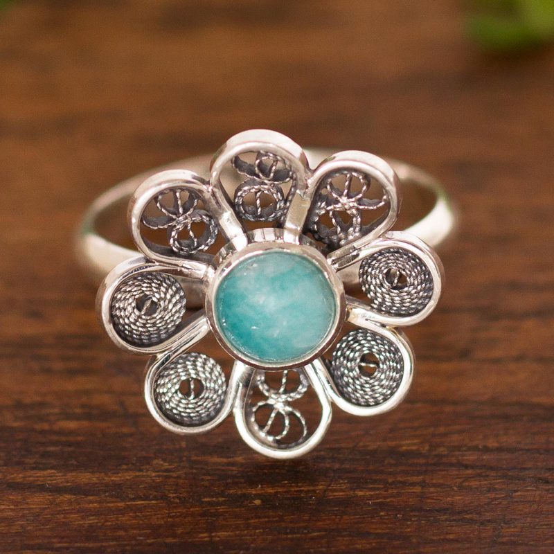 Amazonite and Sterling Silver Filigree Flower Cocktail Ring, "Aqua Daisy"