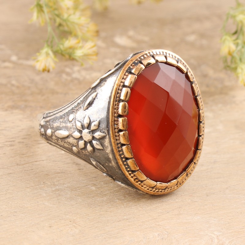 14-Carat Red-Orange Onyx Single-Stone Ring from India, "Glistening Fire"