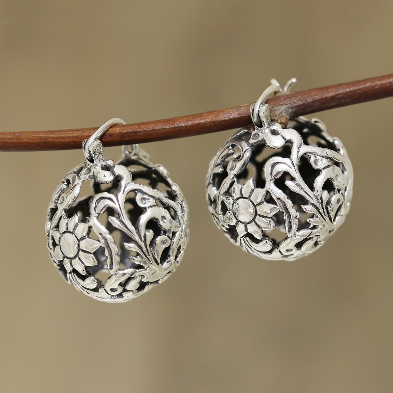 Sterling Silver Floral Orb Drop Earrings from India, "Floral Ball"