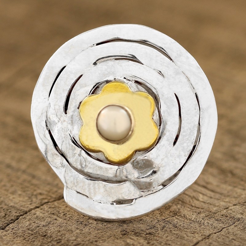 Spiral Pattern Floral Cultured Pearl Cocktail Ring, "Spiral Flower"