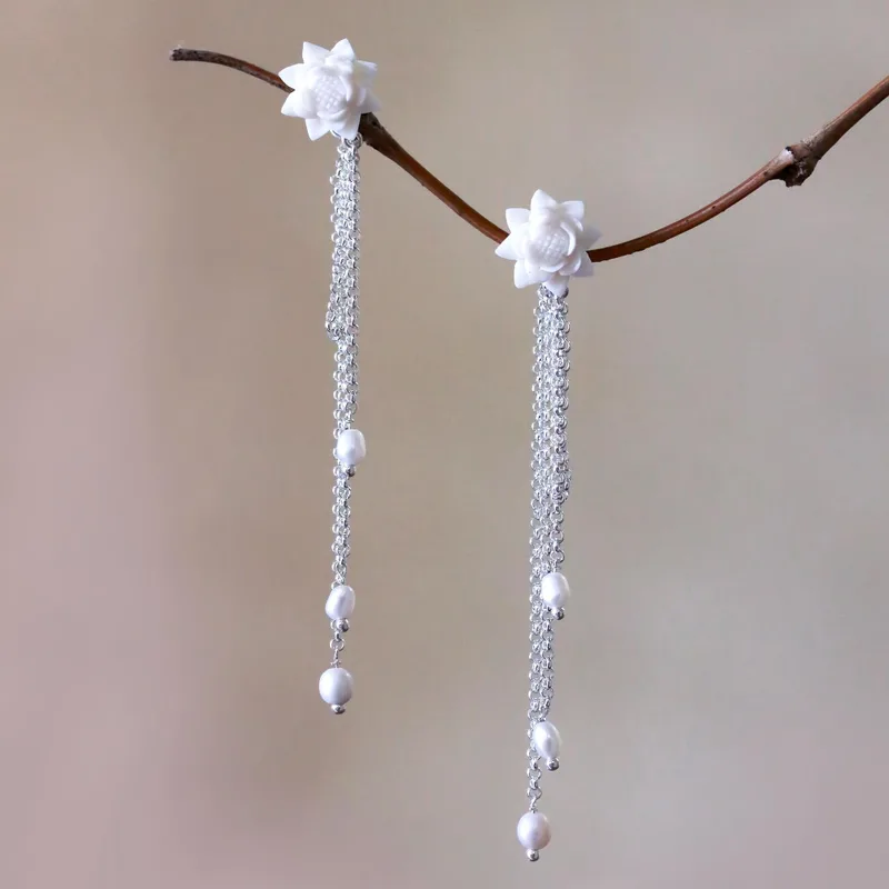 Floral Cultured Pearl Dangle Earrings from Bali, "Padma Tears"