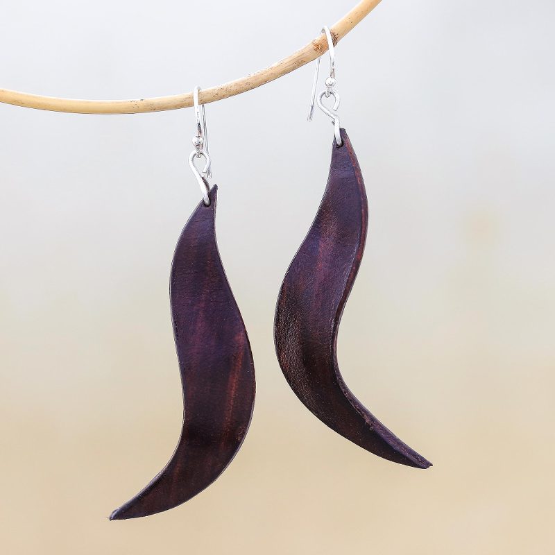 Wavy Leather Dangle Earrings in Brown from Thailand, "Lithe Leaves in Brown"