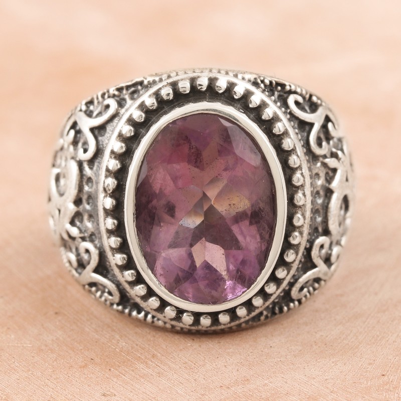Om-Themed Amethyst Single-Stone Ring from India, "Om Glitter"