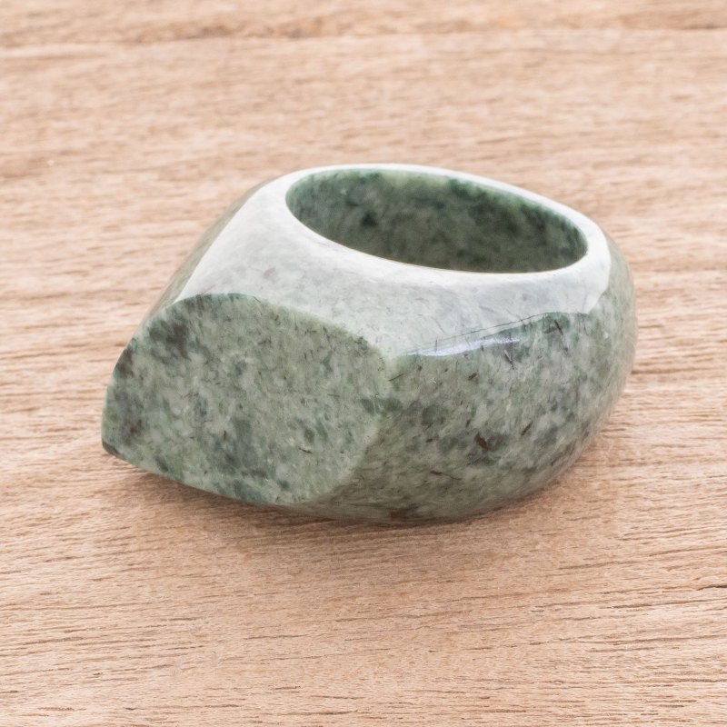 Natural Green Jade Signet Ring Crafted in Guatemala, "Green Eye"