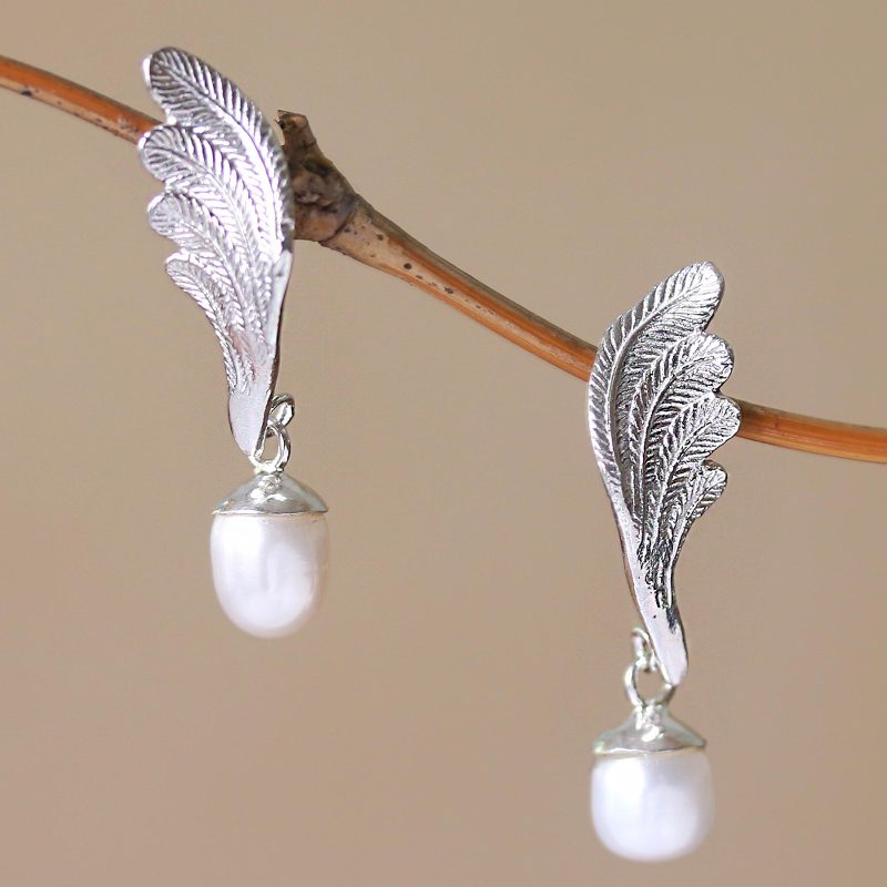 Wing-Shaped Cultured Pearl Dangle Earrings from Bali, "Heavenly Plumes"