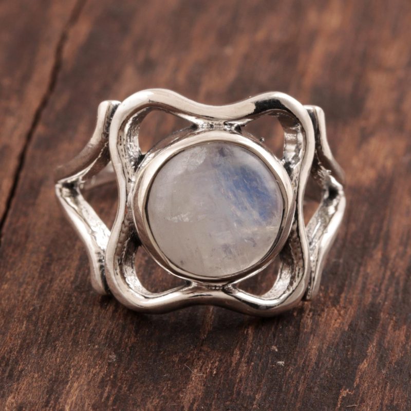 Wavy Rainbow Moonstone Single-Stone Ring from India, "Wavy Frame"