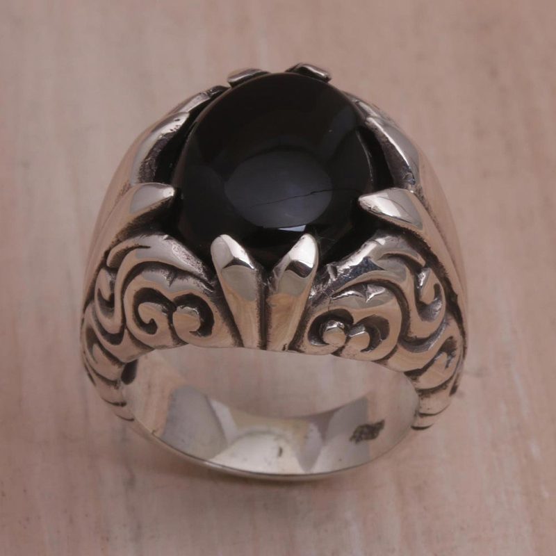 Onyx and Sterling Silver Single Stone Ring from Bali, "Soaring Hope"