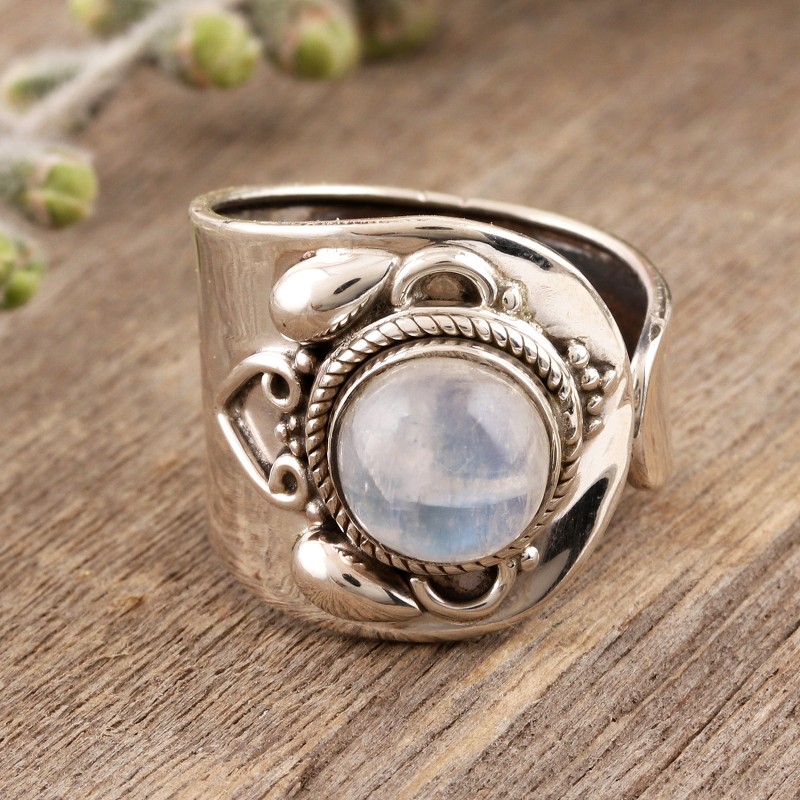 Wide Sterling Silver Cocktail Ring with Rainbow Moonstone, "Mirror Image"
