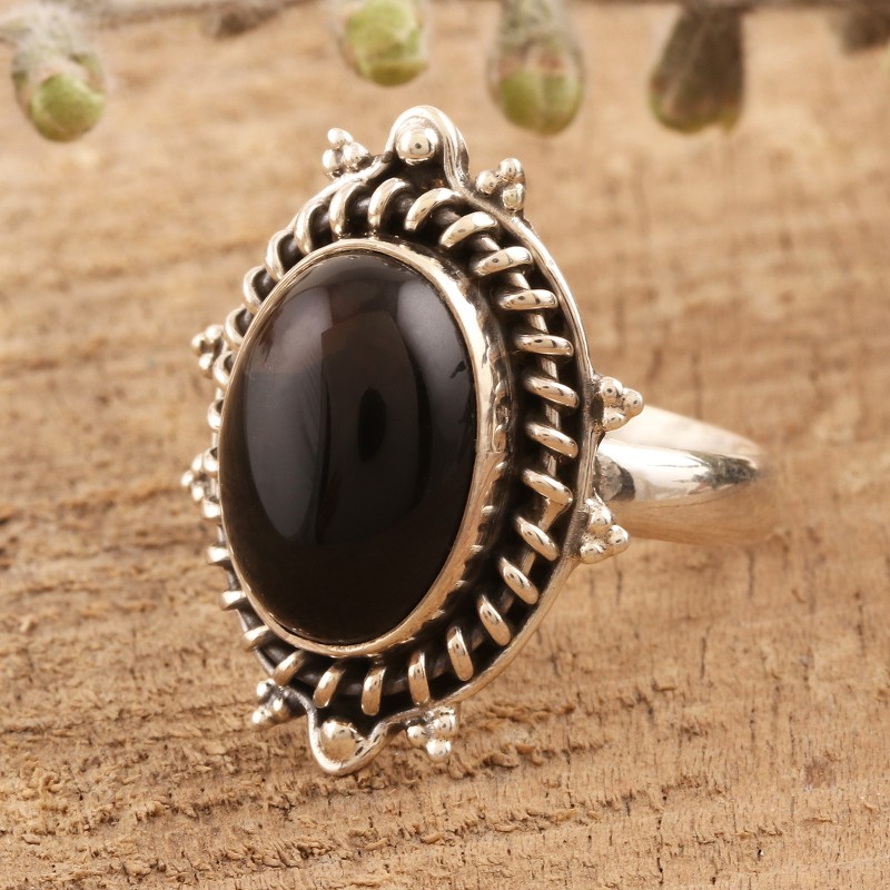 Onyx Cabochon Cocktail Ring from India, "Rapt"