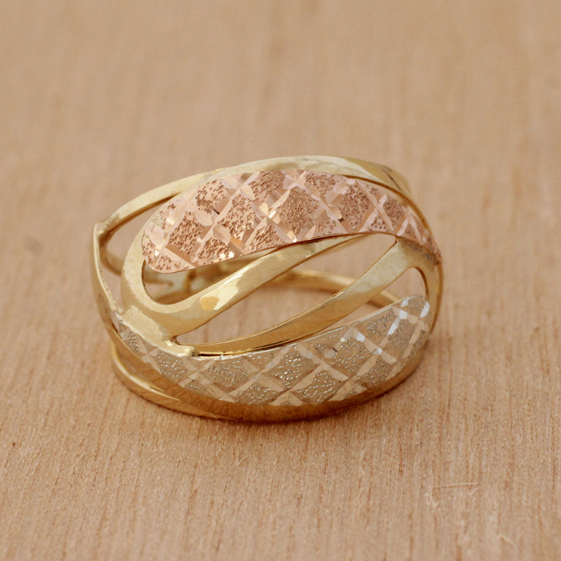 Wavy Tricolor 10k Gold Cocktail Ring from Brazil, "Diamond Waves"