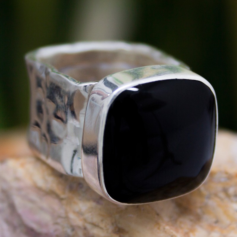 Onyx Fair Trade Taxco Silver Cocktail Ring  from Mexico, "Always Midnight"