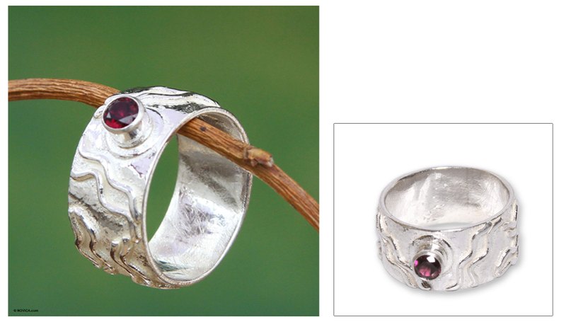 Modern Sterling Silver Single Stone Garnet Ring, "Inca Paths"