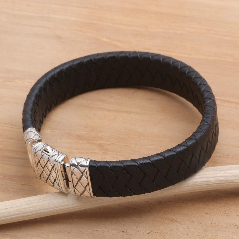 Black Leather and Sterling Silver Men's Bracelet, "Adaptation"
