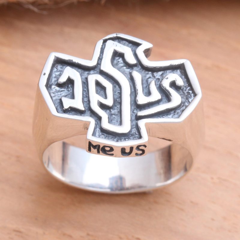 Oxidized Sterling Silver Men's Jesus Ring, "'Jesus'"