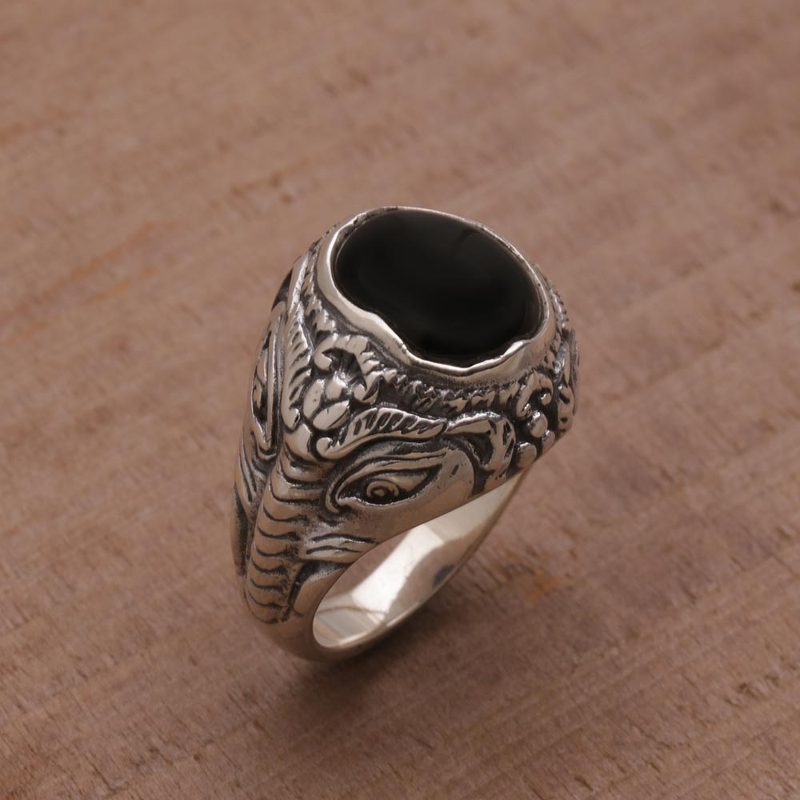 Onyx and Sterling Silver Elephant Cocktail Ring from Bali, "Elephant Entourage"