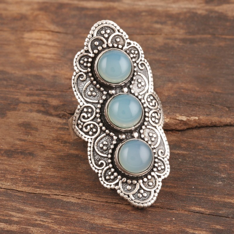 Oxidized Sterling Silver Chalcedony Cocktail Ring, "Goddess Trio"