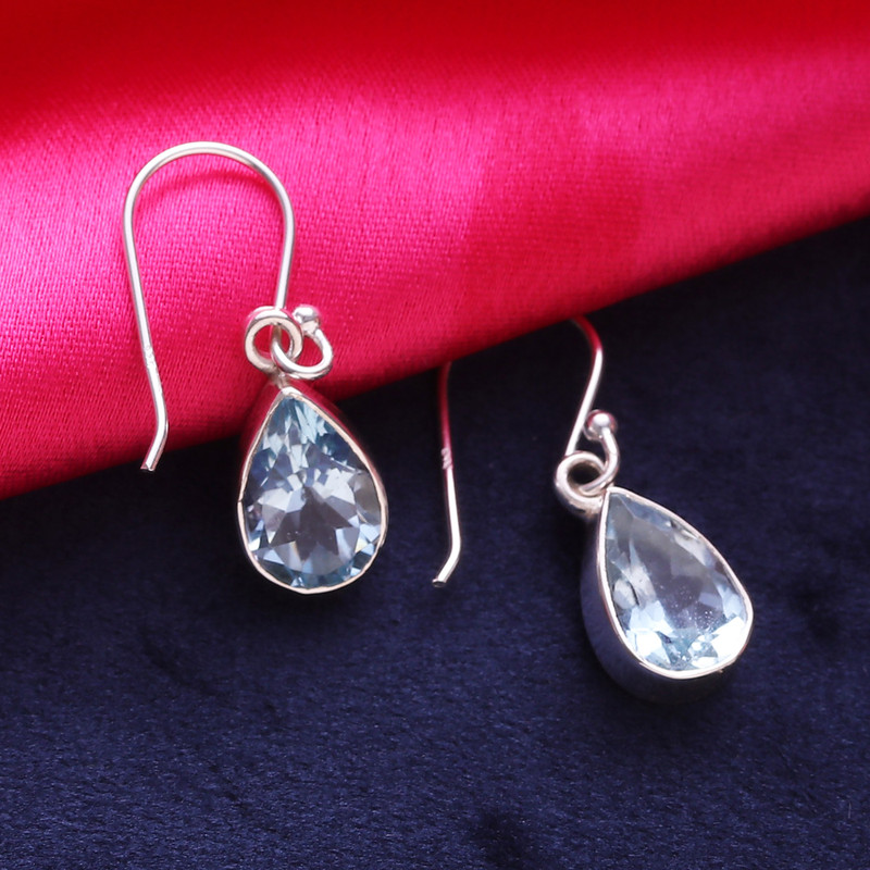 Teardrop Faceted Blue Topaz Silver Dangle Earrings, "Blue Droplets"