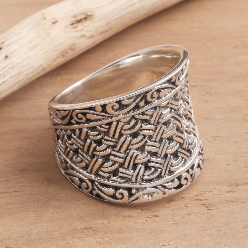 Wide Sterling Silver Woven-Look Band Ring, "Java Weave"