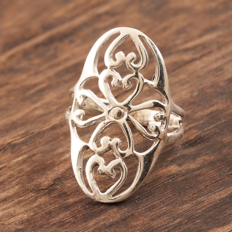 Ornate Sterling Silver Jali Ring, "Floral Jali"