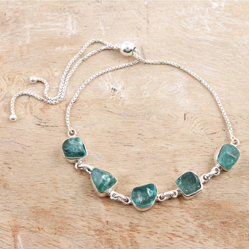 Handmade Green Apatite and Silver Link Bracelet, "Modern Harmony in Green"