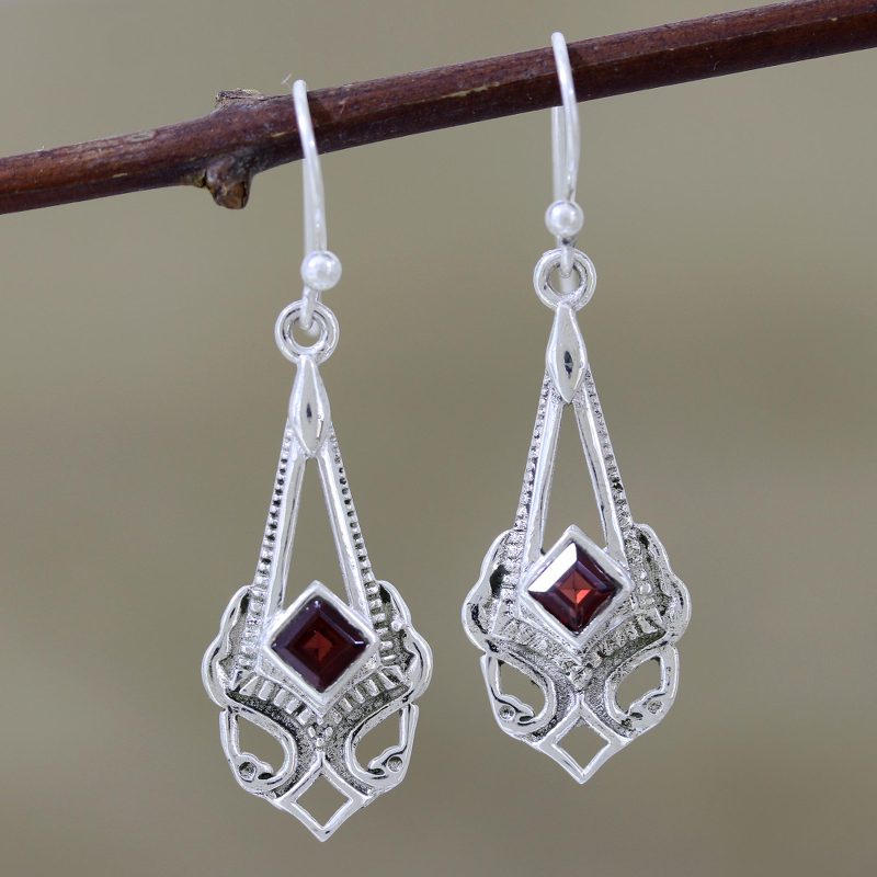 Square Faceted Garnet Sterling Silver Dangle Earrings, "Perfect Pendulum"
