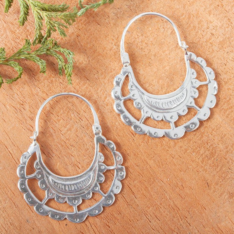 Victorian-Style Sterling Silver Hoop Earrings, "Eastlake"