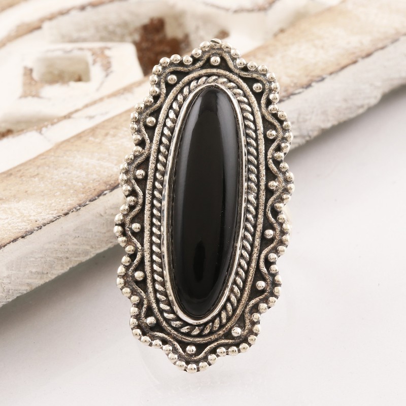 Ornate Black Onyx Cabochon Sterling Silver Cocktail Ring, "Magnificence in Black"