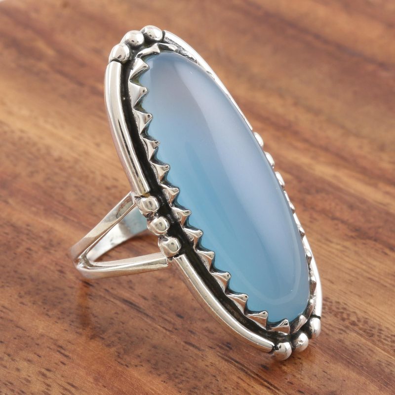Oval Cabochon of Blue Chalcedony Cocktail Ring, "Crowned in Glory in Blue"