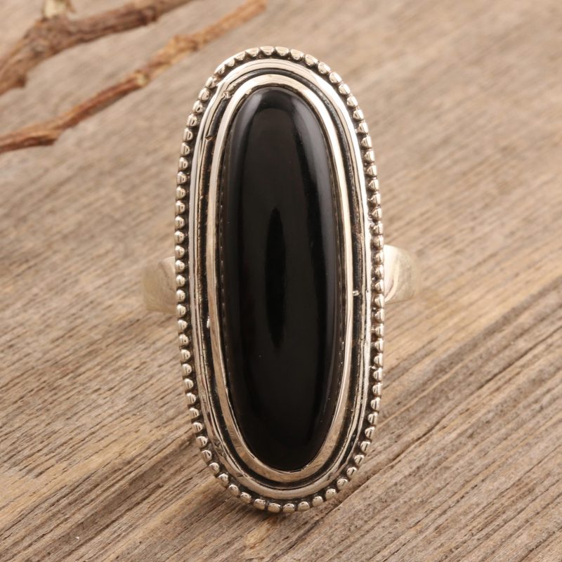 Oval Black Onyx Cabochon Sterling Silver Cocktail Ring, "Midnight Bliss"