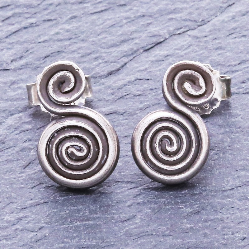 Thai Hand Crafted Silver Spiral Stud Earrings, "Spiraling Circles"