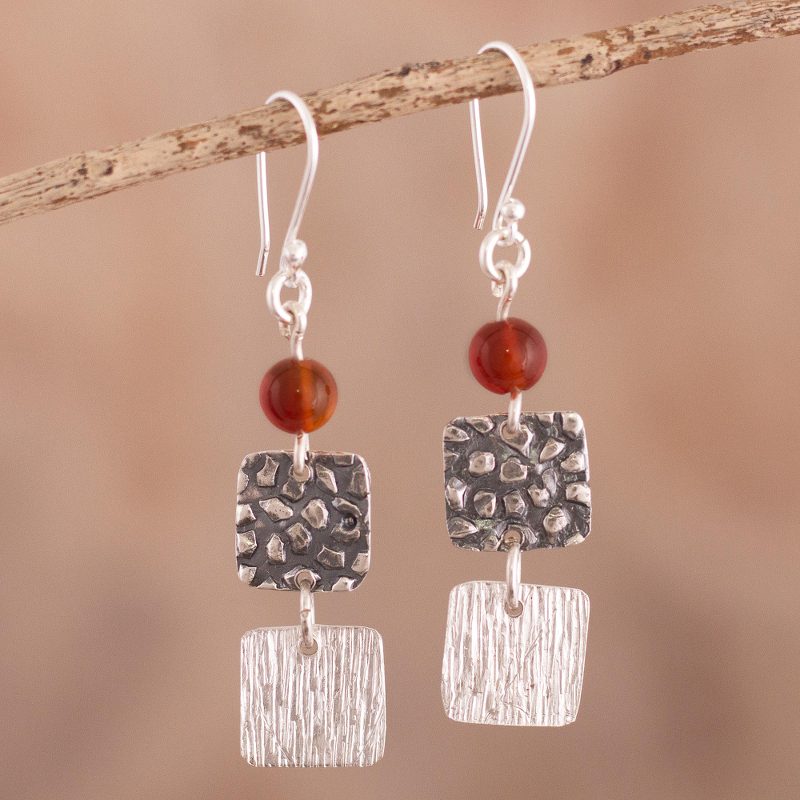 Textured Sterling and Carnelian Earrings, "Square Root"