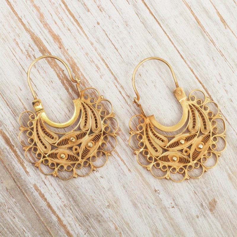 24k Gold-Plated Filigree Hoop Earrings, "Golden Lace"