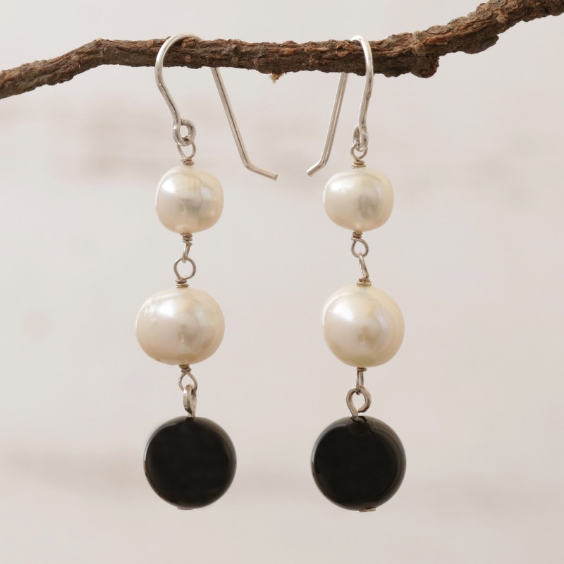 White Cultured Pearl and Black Onyx Earrings from Brazil, "Midnight in the Clouds"