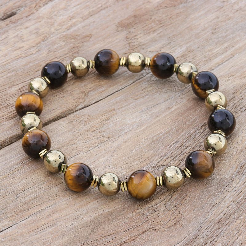 Tiger's Eye and Hematite Beaded Stretch Bracelet, "Tiger Charm"